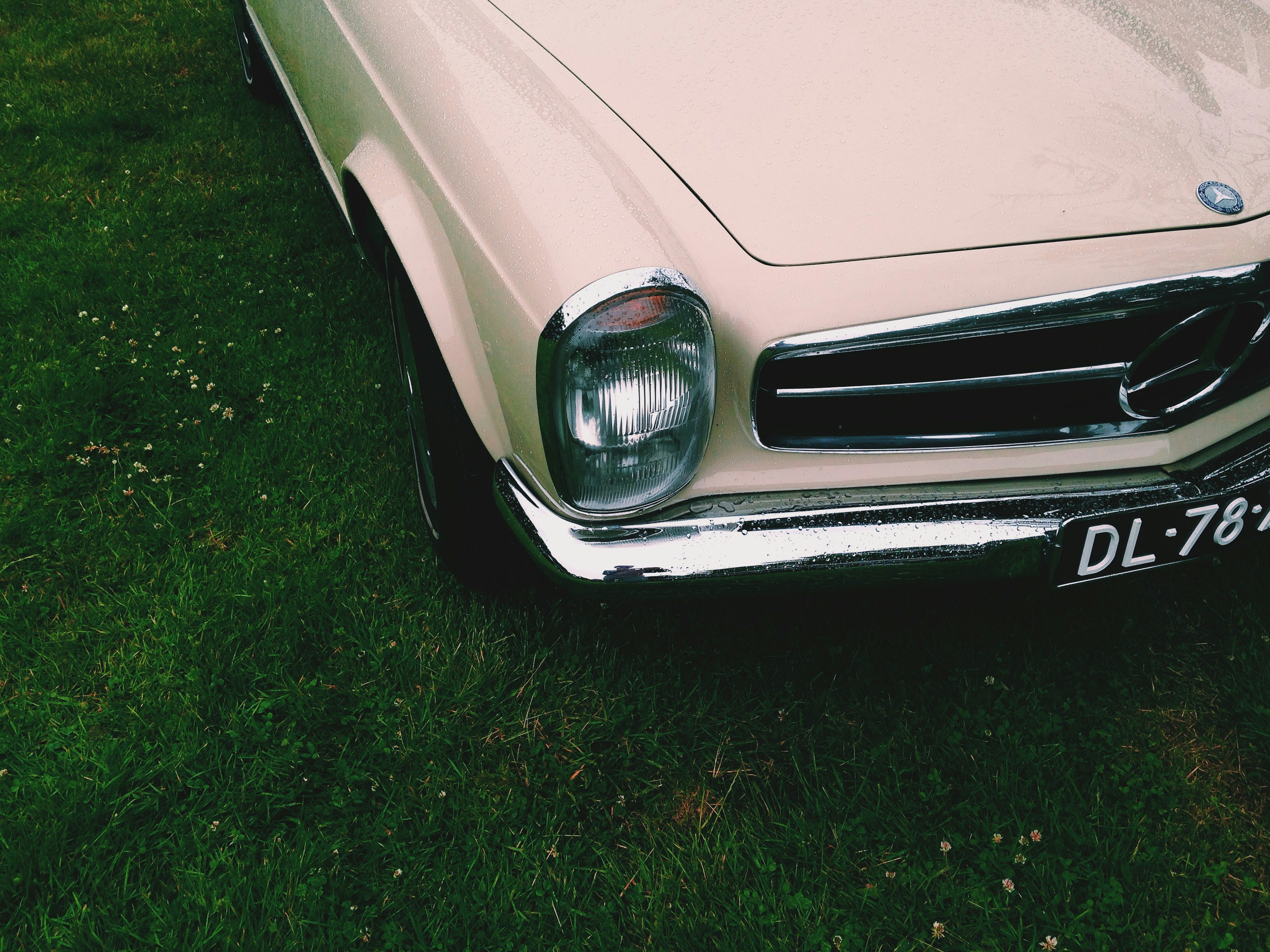 beige car on green grass field